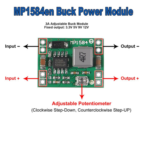 MP1584EN DC To DC Buck Converter with labels and arrows; Six Pack MP1584 EN DC To DC Buck Converter Module Adjustable Voltage Step Down Power Supply 3A