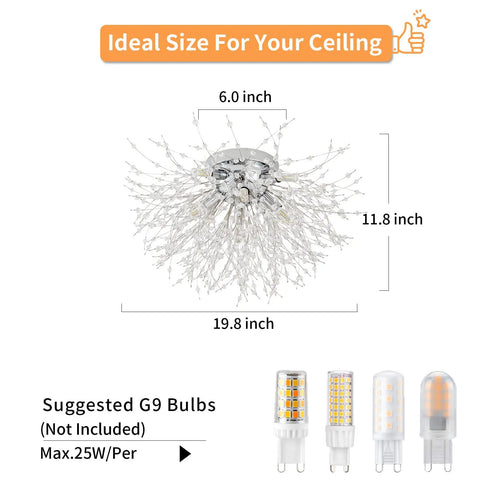 Super Cool Crystal Flush Mount Ceiling Light With Chrome Sputnik Firework Chandelier Design Eight Light Close To Ceiling Fixture Perfect For Bedroom Kitchen Hallway Or Entryway Using G9 Bulbs, dimensions 11.8x19.8 inches