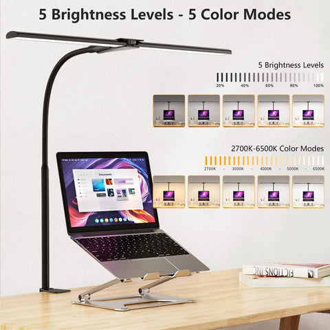 Double Head LED Desk Lamp For Home Office And Studio, Ultra Wide 25.1 Inch Light Bar above laptop, showing brightness levels.
