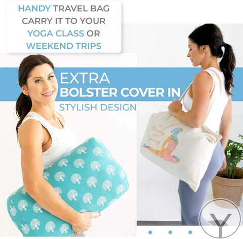 Restorative Yoga Bolster Made From 100 Percent Cotton With Extra Washable Cover And Carry Bag Includes Eighteen By Eleven By Six And A Half Inches Pillow, travel bag shown