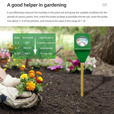 5X Mini Soil Moisture Meter With Light And PH Tester in garden soil beside gloved hands holding flowers