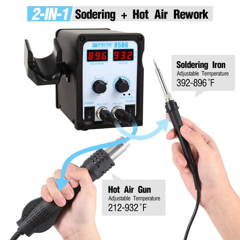 2 In 1 SMD Hot Air Rework Station With Digital Soldering Iron And Heat Gun Includes 5 Solder Tips Solder Sucker Kit