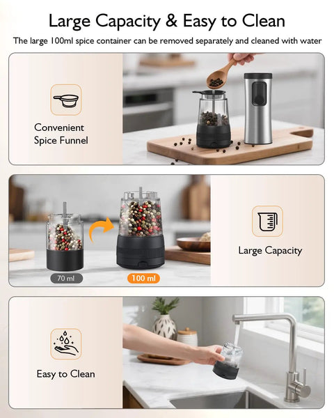 Electric Salt And Pepper Grinder Set with 100ml capacity being filled and cleaned, highlighting convenience and ease of use.