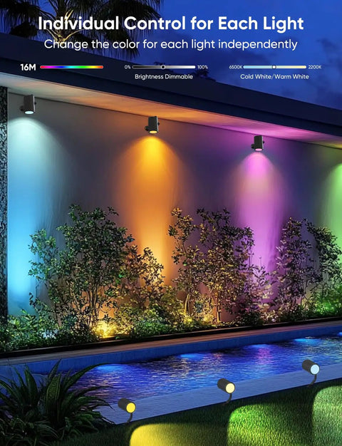 Smart Landscape Lighting Kit No-Fuss Six Pack Outdoor Spotlights With IP65 Waterproof illuminating wall with vibrant colors