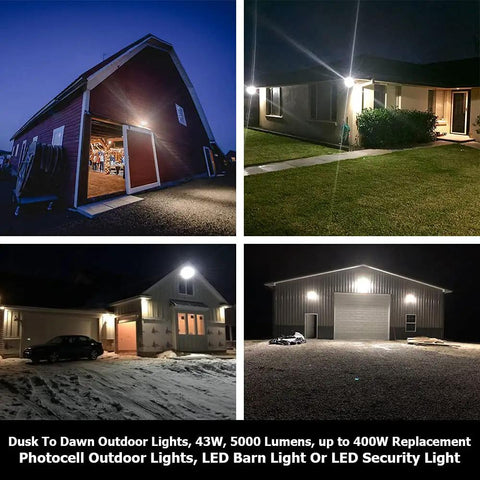 Dusk To Dawn LED Outdoor Lighting For Barn Security Yard And Parking Lot Flood Light That Slaps 43W 5000LM on barn at night