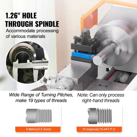 1.26 inch spindle with turning pitches on Compact Metal Lathe 7 X 16 Inch 800W Desktop Lathe With Variable Speed 150 To 2500 RPM