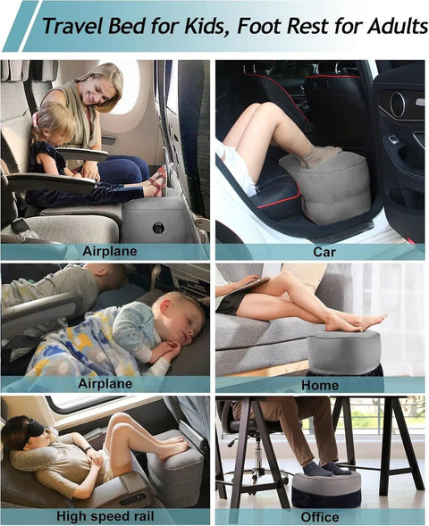 Inflatable Foot Rest Pillow For Travel And Home used in airplane, car, home, high-speed rail, and office for comfort and sleep.