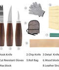 Starter Friendly Wood Whittling Kit For Adults And Beginners with knives, basswood blocks, gloves, and accessories laid out.