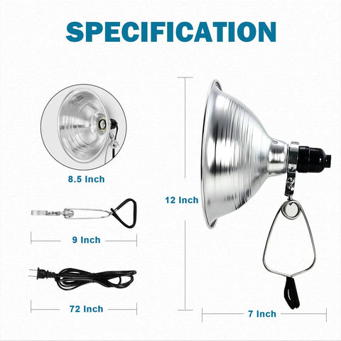 Heavy Duty Clamp Lamp Light With Detachable 8.5 Inch Aluminum Reflector, 150W E26 Socket, No Bulb Included, 6 Foot Cord shown