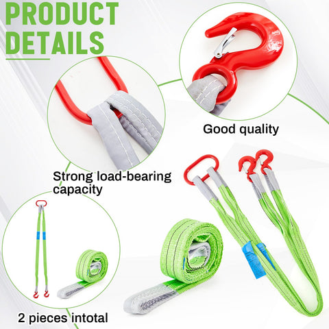 Two Pack 5 Ft Heavy Duty Polyester Lifting Rigging Straps With Two Leg Bridle Web Sling Hook And Twist Eye Lift Straps Green