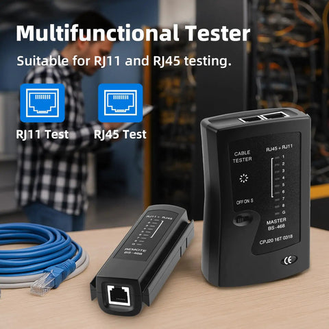 RJ45 RJ11 Ethernet Cable Tester For CAT5e To CAT7, portable black plastic unit with detachable remote for LAN checks
