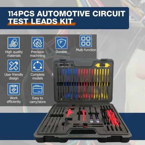 114 Piece Multimeter Test Leads Kit With Back Probe Probes And Alligator Clips in open case showing contents for automotive diagnostics