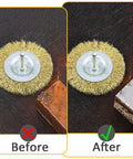 3 Pack Brass Coated Wire Wheel Brush Kit For Drill With 1/4 Inch Shank Before and After Rust Removal on Metal Surface