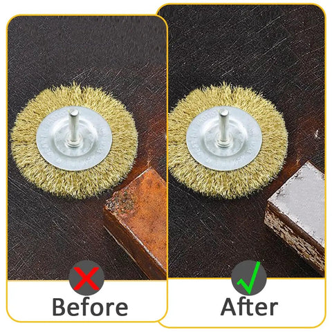 3 Pack Brass Coated Wire Wheel Brush Kit For Drill With 1/4 Inch Shank Before and After Rust Removal on Metal Surface