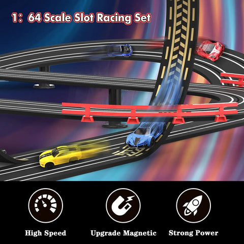 Dope 32Ft Electric Powered Slot Car Race Track Set With Four High Speed Cars And Dual Hand Controllers on twisty track