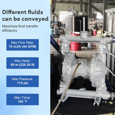 Gray air-operated double-diaphragm pump with 1/2 inch outlet, mounted beside blue info panel in a workshop.