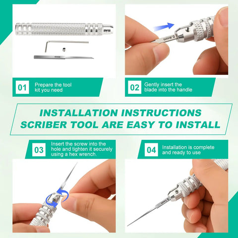 Professional Grade Seven Piece Alloy Scribing Tool Kit With Hella Sharp Micro Blades For Precision Gunpla Line Etching And Resin Detailing Badass Modeler Gear installation instructions for the scribing tool with blades.