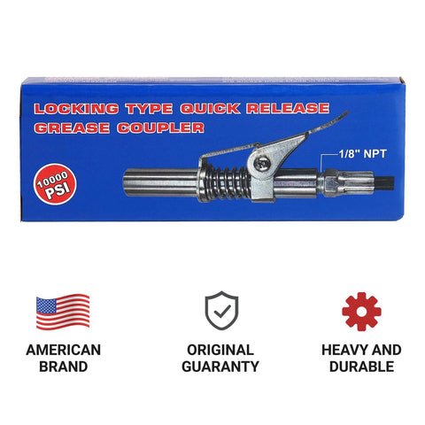 Locking type quick-release grease coupler front view on blue box packaging; fits 1/8 in NPT.