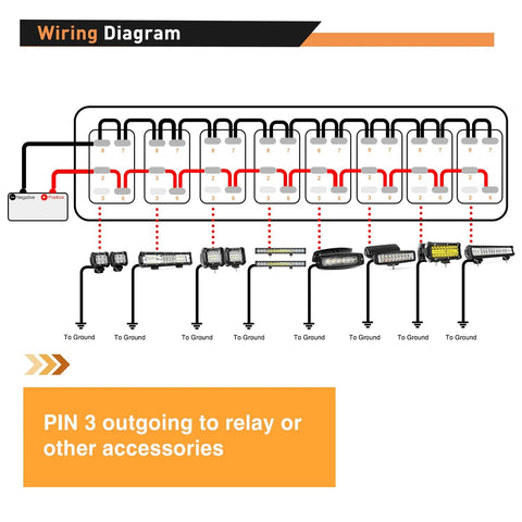 Diagram showing wiring for 8 Gang Aluminum Rocker Switch Panel With Pre Wired Harness Blue Backlit 5 Pin On Off Dash Switch