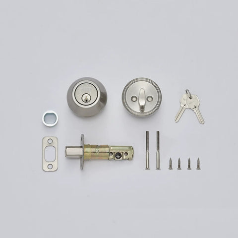Single Cylinder Deadbolt For Entry Doors In Satin Nickel Finish With Adjustable Backset layout with keys and hardware