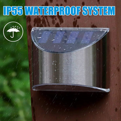 Top Notch Solar Step Lights For Outdoor Fence Deck And Stair Paths Cold White Led Post Lamps mounted on wood, showcasing IP55 waterproof design.