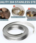 Premium 304 Stainless Steel Hose Clamp Strap Assortment Kit For DIY Pros, featuring durable adjustable worm gear band tech that locks tight for heavy duty repairs without slipping or rusting. 304 stainless steel hose clamp strap roll