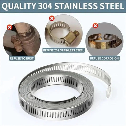 Premium 304 Stainless Steel Hose Clamp Strap Assortment Kit For DIY Pros, featuring durable adjustable worm gear band tech that locks tight for heavy duty repairs without slipping or rusting. 304 stainless steel hose clamp strap roll