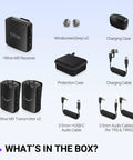Wireless Lavalier Microphone System For iPhone Android And Cameras 2 Pack with accessories in box layout.