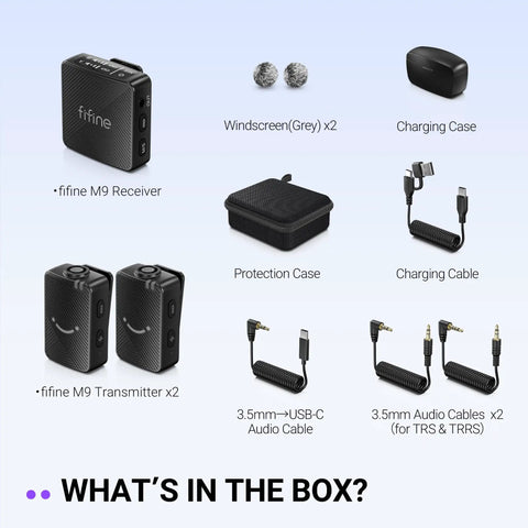 Wireless Lavalier Microphone System For iPhone Android And Cameras 2 Pack with accessories in box layout.