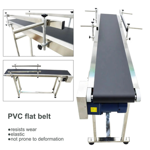 Industrial PVC Flat Belt Conveyor with Stainless Steel Frame and Adjustable Speed, Double Guardrails, 59 Inch Long