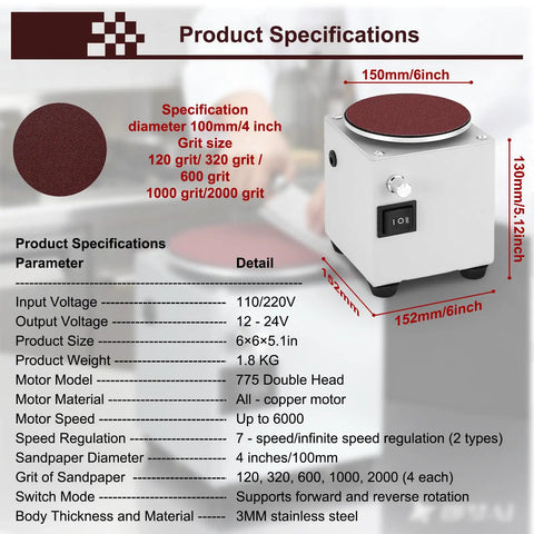 Do It All 4 To 6 Inch Mini Disc Sander And Bench Grinder With Bidirectional Stepless Speed Control 0 To 6000 RPM Forward And Reverse For Wood Metal Stone And More 6 Inch Sanding Disc Tool, close-up of product specifications and sanding disc