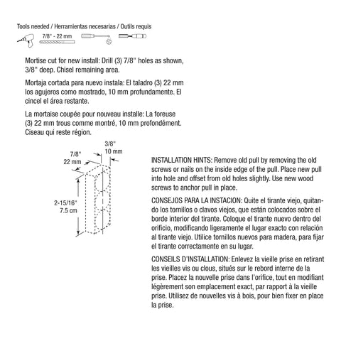 Diagram showing mortise cut instructions for closet door pull installation, with measurements and multilingual installation hints