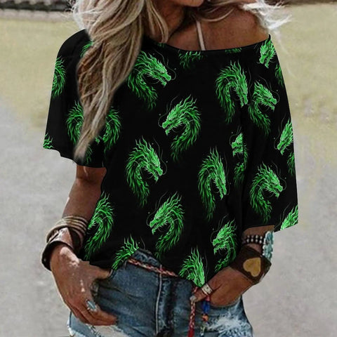 Cool Women Dragon Fire Art Tee With Boat Neck Loose Fit Short Sleeve Breathable Polyester Blend For Daily Wear