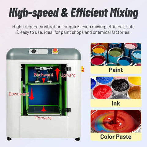 Ultra Fast Paint Shaker For Shops And Factories, open front view showing oscillating directions with paint cans on side.