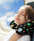 Woman using Travel Neck Pillow For Adults, U Shaped Memory Foam Support, Breathable Polyester Cover with Neon Mushrooms Design on airplane