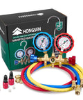 HVAC Manifold Gauge Set With Brass Body And Explosion Proof Lens, 3ft Hoses And R410A Adapters in front of product box
