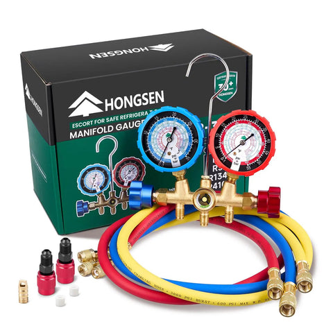 HVAC Manifold Gauge Set With Brass Body And Explosion Proof Lens, 3ft Hoses And R410A Adapters in front of product box