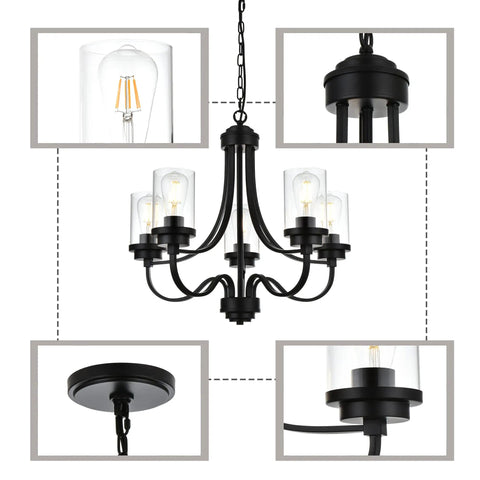 Affordable Luxury Five Light Farmhouse Chandelier In Classic Black Finish with clear glass shades and adjustable chain details.