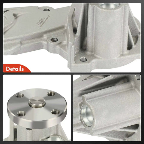 Close-up of aluminum Engine Water Pump With Gasket And Bolts For Ford Escape 2013 2016 Fiesta 2011 2019 Fusion 2013 2014 Transit Connect 2014 2016 Aluminum Housing Four Cylinder One Point Six Liter Replacement, showing details of the housing and bolt holes.
