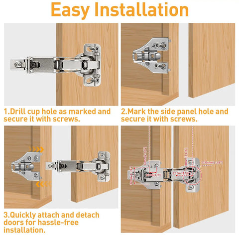 Easy installation steps for Heavy Duty 175 Degree Face Frame Cabinet Hinges for Full Overlay Kitchen Doors.