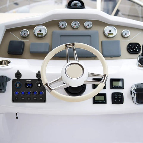 Five Gang Rocker Switch Panel With Dual USB Charger, LED Voltmeter, 12V 24V On Off SPST Toggle, Waterproof All In One Power Hub For LED Light Bars Rear Rock Lights Trucks RVs Boats 4x4 mounted on a boat dash