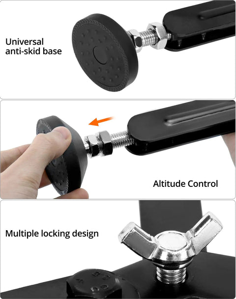 Close-up of Heavy Duty Motorcycle Wheel Lift Stand For Front Or Rear Use showing anti-skid base, altitude control, and lock design.