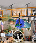 Overhead Garage Storage 4 Pack Hooks Set holding ladder, broom, hose, and bucket, ceiling mount hangers for bulky gear, 50 lbs capacity.