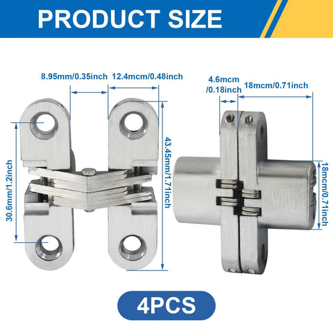 Hidden Stainless Steel 180 Degree Concealed Hinge for Frameless Kitchen Cabinets showing dimensions, 4 pack by Opfiue