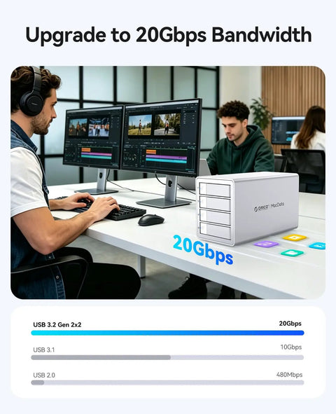 Person using Turbocharged 4 Bay Raid Hard Drive Enclosure With Jms591 Chip And 20Gbps Usb 3.2 Gen2X2 Interface at a desk.