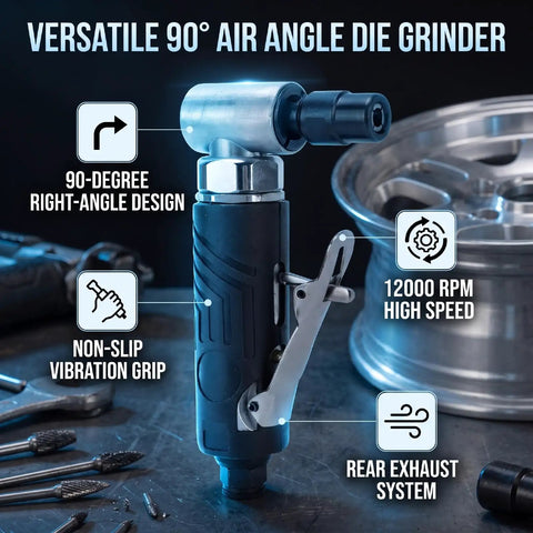 Compact 90 Degree Right Angle Pneumatic Air Die Grinder Hit 12000 RPM with textured grip, angled design, and rear exhaust system.