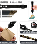3D printer tools kit with black hand drill and 11-piece drill set; includes deburring tool and scraper