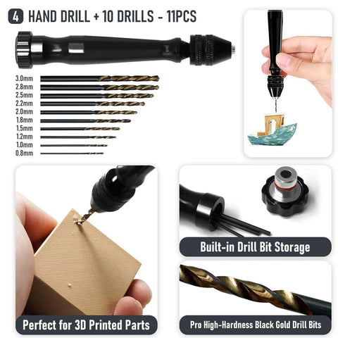 3D printer tools kit with black hand drill and 11-piece drill set; includes deburring tool and scraper