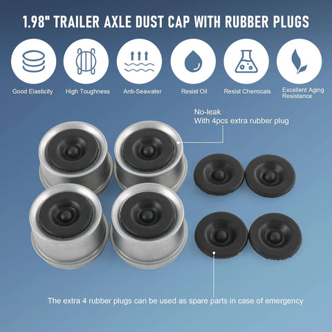 Set of four 1.98-inch trailer axle dust caps with rubber seals and four extra plugs