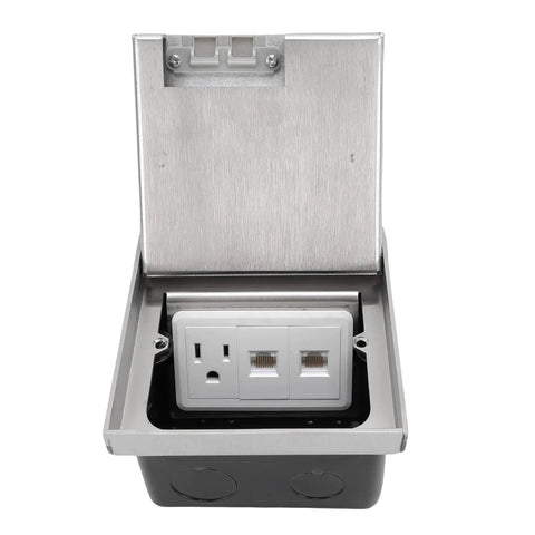 Heavy Duty Flush Floor Power Outlet Box Featuring Stainless Steel Silver Finish And Zero Fuss Easy Pull Lid Access for use in kitchens and offices.